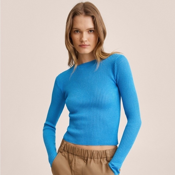 Mango Lace Up Back Cut Out Fine Ribbed Knit Sky Blue Sweater Size Small NWT - Picture 2 of 16